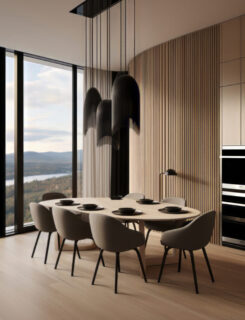 Interior of modern kitchen in penthouse Photorealistic, cinematic composition, Shot on 50mm lens, Shutter Speed 1/1000, F/11, Half Rear Lighting, Backlight, Natural Lighting, Light key background, daylight --c 99 --ar 2:3 --s 250 --v 5.2